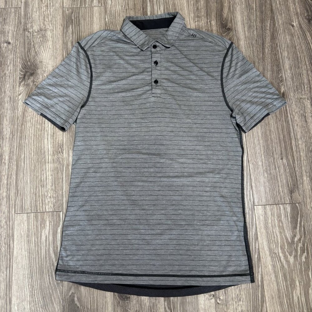 Lululemon Polo Shirt Mens S Gray Striped Golf Vented Athletic Mesh Back Tennis